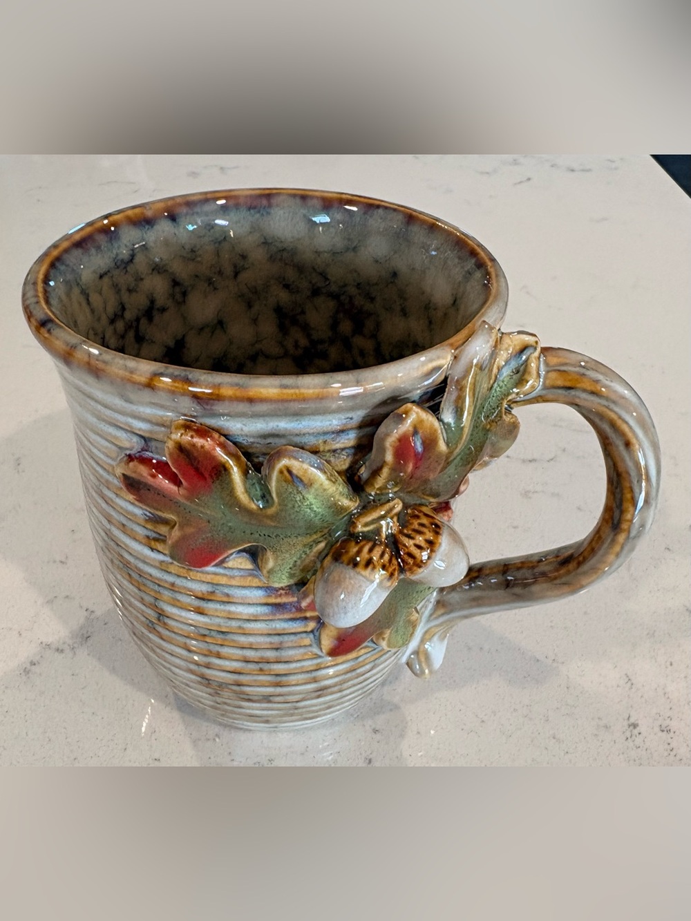 Handmade Ceramic Mug with Oak Leaf & Acorn Accent - Multicolor Glaze